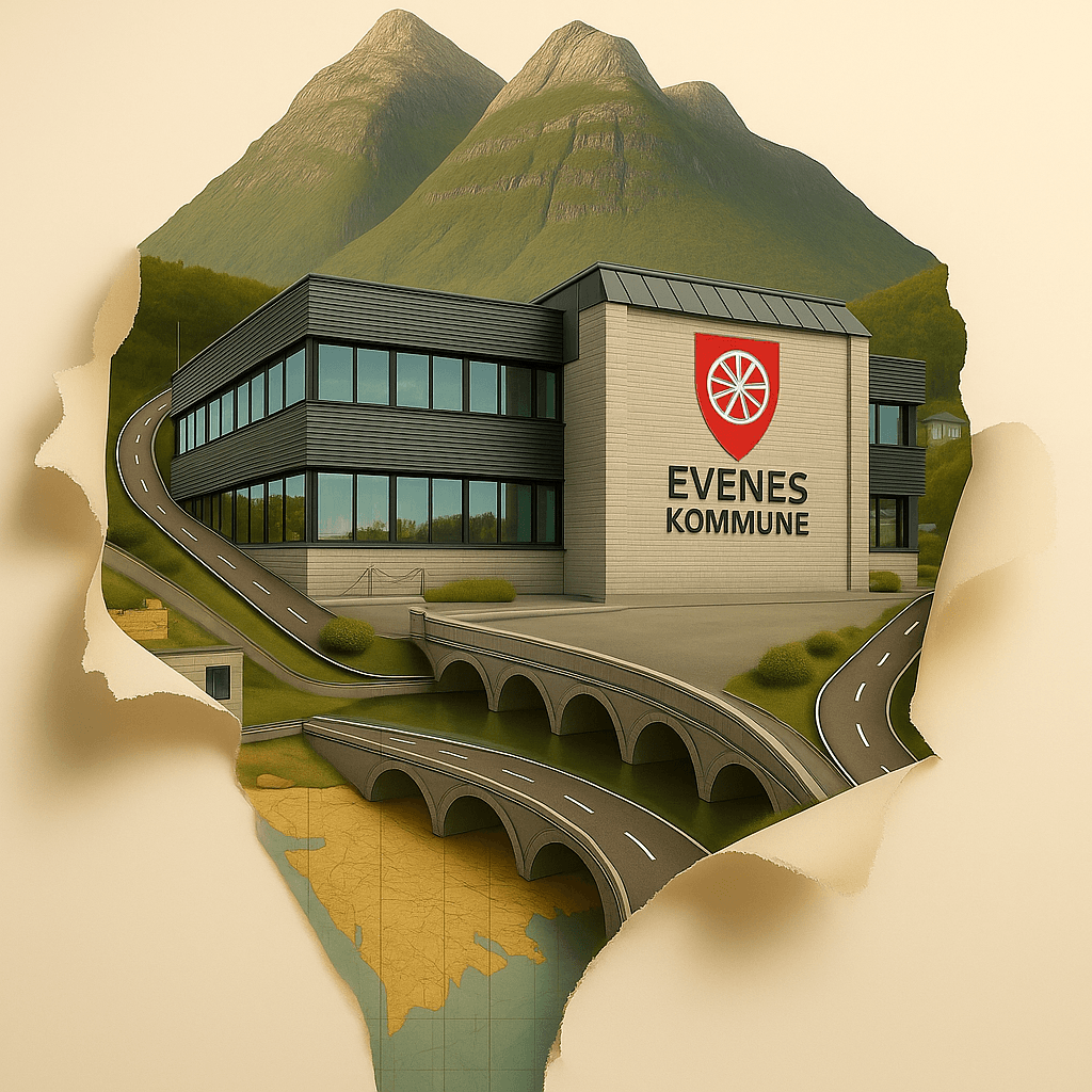 Evenes kommune landscape with mountains and modern building